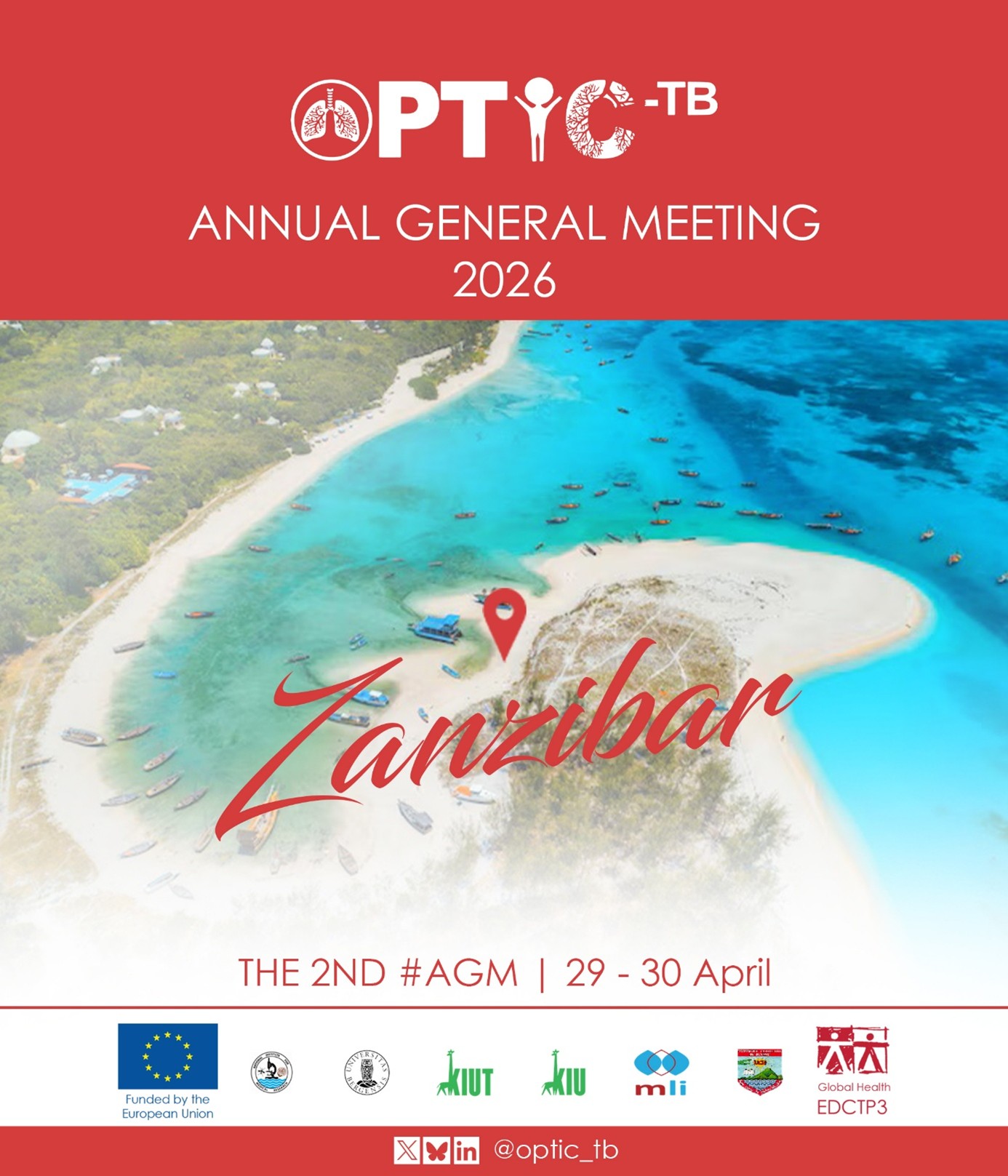 Poster announcing OPTIC-TB Annual General Meeting 2026, highlighting Zanzibar as the event location with dates April 29-30. Features a vibrant aerial view of a beach and ocean with boats, red location marker, and logos of supporting organizations at the bottom.