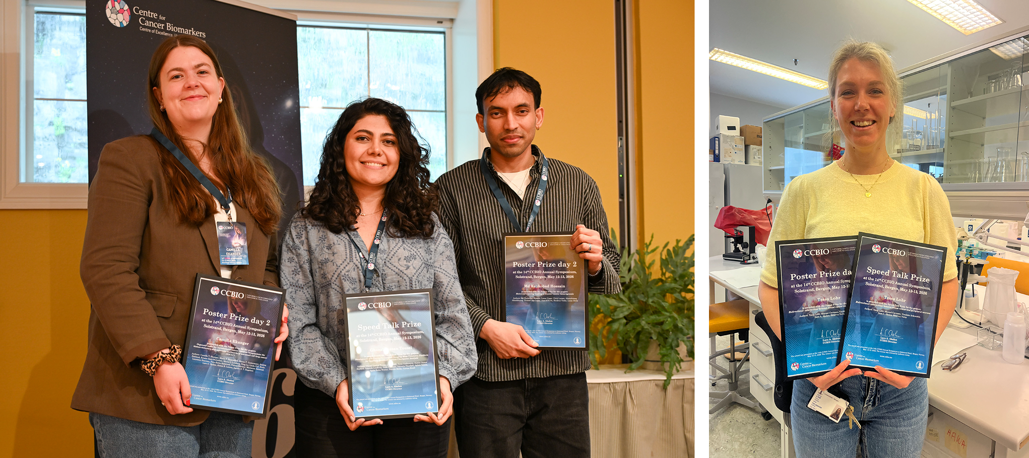 The best poster and best speed talk winners lined up with their diplomas, smiling.