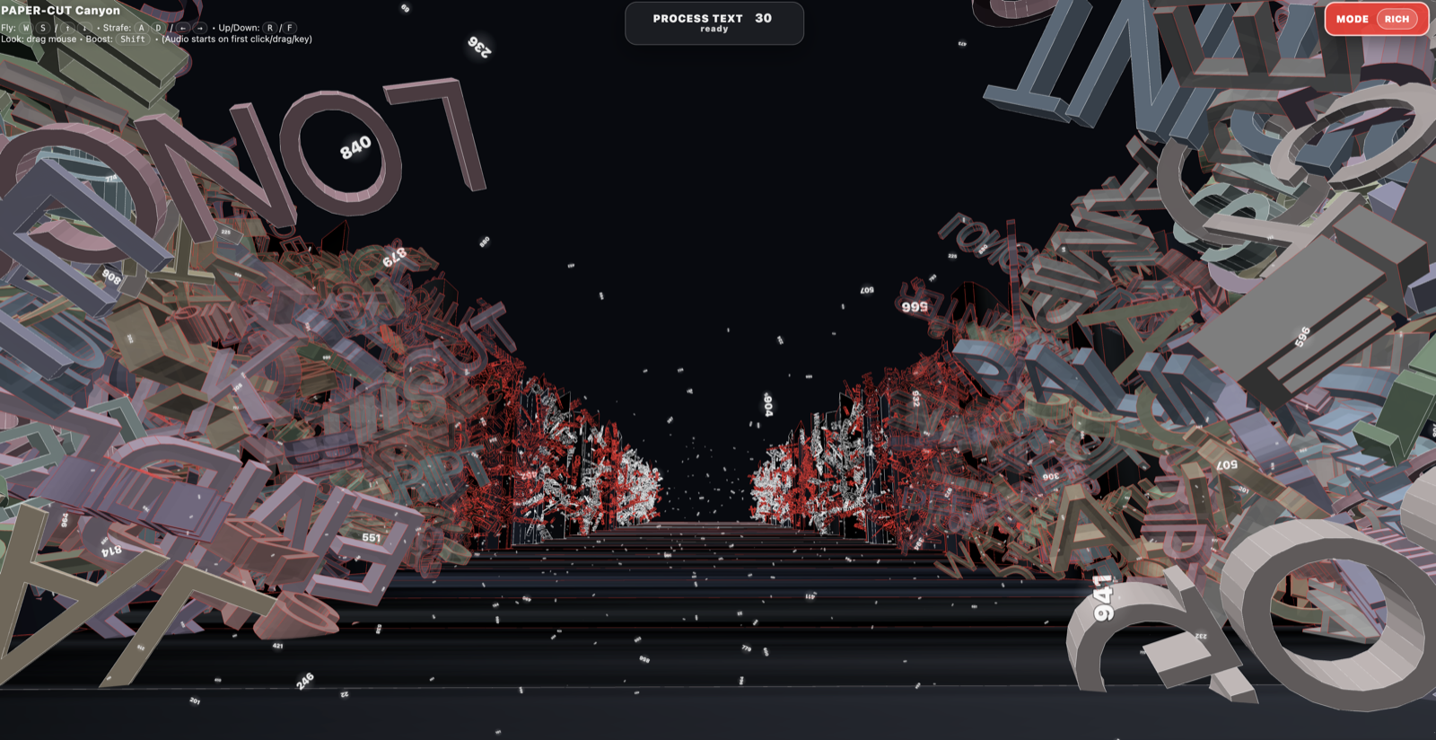 A canyon through a jumble of 3D words on a dark background.