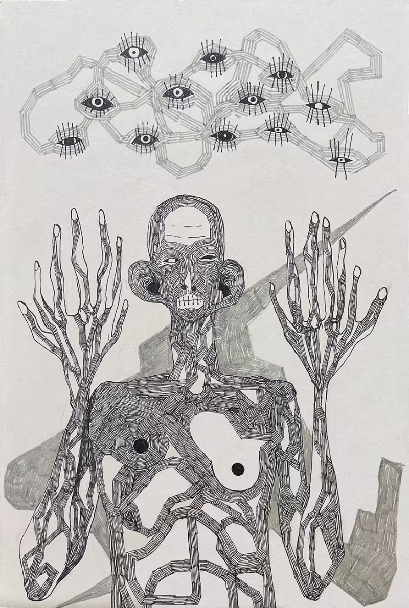 Abstract black-and-white drawing of a human figure with hollow eyes and an open mouth. The body is composed of interwoven, maze-like lines, with long skeletal hands raised on both sides. Above the figure, a cluster of connected shapes contains multiple eyes with radiating lashes. The background includes faint geometric forms.
