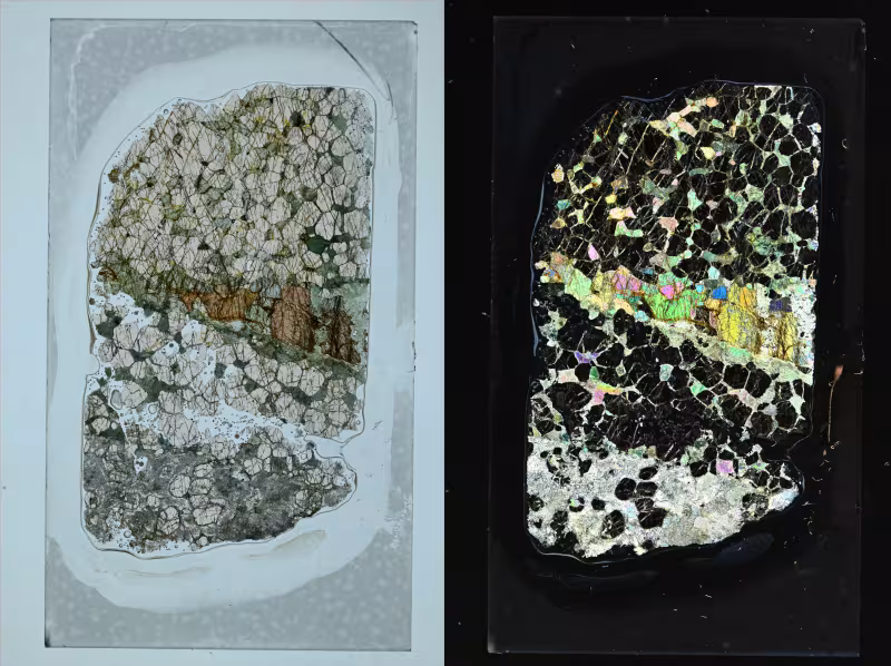Scan in parallel polarized and cross polarized light of a thick sections of eclogite. The glass slide is 48x28 mm sized.