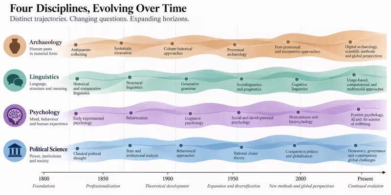 An illustrative graph detailing change in four disciplines over time: archaeology, linguistics, psychology and political science