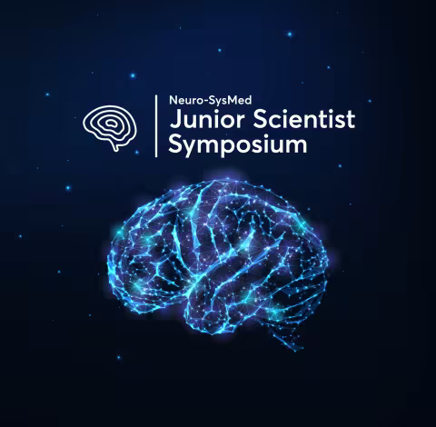 Et stjernebilde på nattehimmelen som former en lysende hjerne, og logoen til symposiet.