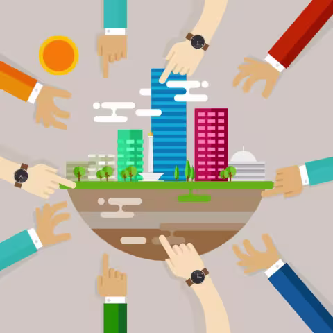 Bilde av jorden med mange byggninger og menneske hender peker rundt ommkring på jorden og prøver å finne en løsning på hvordan vi kan gjøre ting bedre 