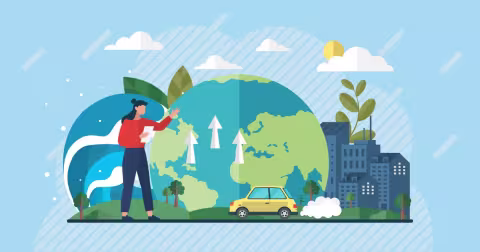 Bilde tatt fra intermetet hvor det er en stor verden, med en bil som gass kommer fra og en person som prøver å finne en løsning slik at jorden vår skal holde seg sterk og frisk