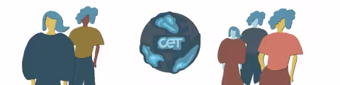 illustration with people and the CET globe logo in the middle