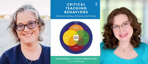 Collage of Claudia Cornejo Happel and Lauren Barbeau and the book Critical Teaching Behaviours