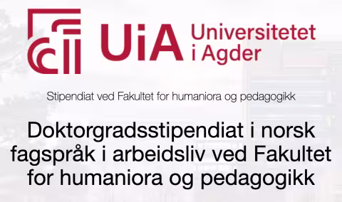 Skjermbilde av stillingsutlysningen hentet fra JobbNorge sine nettsider. Tekst på bildet: "UiA Universitetet i Agder. Stipendiat ved fakultet for humaniora og pedagogikk. Doktorgradsstipendiat i norsk fagspråk i arbeidsliv ved Fakultet for humaniora og pedagogikk".