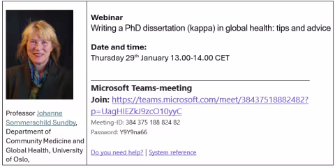 Profile picture and title, affiliation of presenter. Title and time of webinar and link to the meeting 