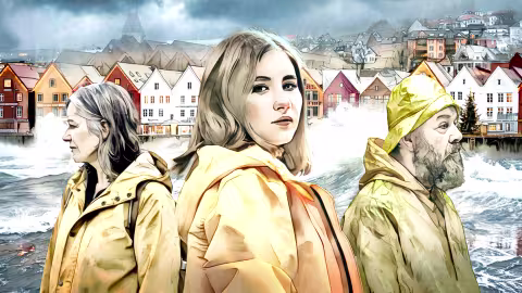 Illustration of a young girl with two adults by either side and Bryggen in the background