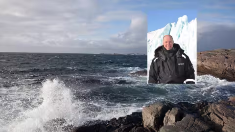 Bilde av et kystområde og bilde av forskeren