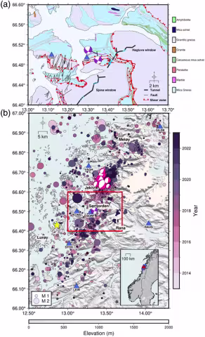 Geological map of the study area, modified from the Geological Survey of Norway, showing mapped shear zones and faults. 