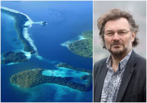 Todelt bilde av 1. Marovo-lagunen på Salomonøyene 2. Professor Edvard Hviding ved Universitetet i Bergen,