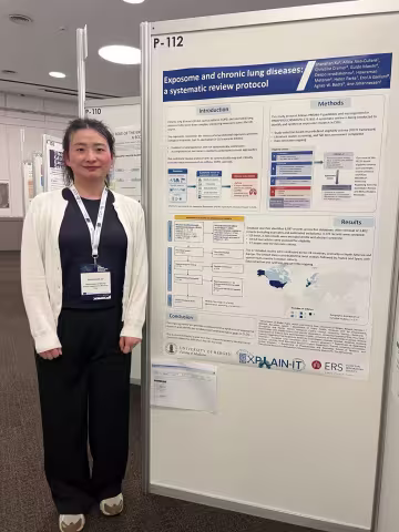 Shanshan Xu presenting her poster at the Global Exposome Summit 2026 in Sitges, Spain.