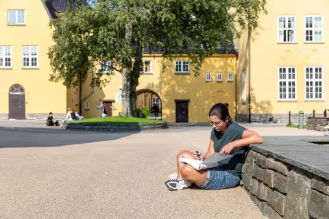 Bilde av en kvinne som sitter på bakken og leser foran fasaden til Sydneshaugen skole. 
