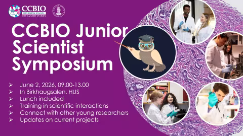 Illustrasjon med ugle som peker mot symposiedatoen, og collage av unge CCBIO-forskere i lab.