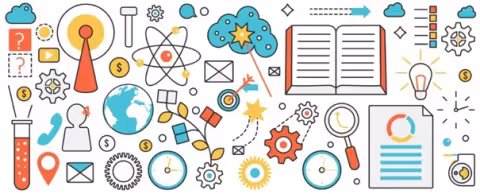 colorful picture of science related objects such as notebooks, lab gear, computers, books