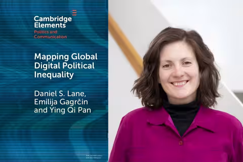 The book cover of "Mapping Global Digital Political Inequality" next to a portrait photo of the book's second author, Emilija Gagrcin, smiling.