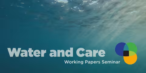The title of the seminar in grey/white, a logo in blue, green and orange, on a background of water