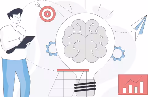 Illustration photo showing a drawn man with a clip board, in front of a lightbulb with something looking like a brain in it. around is floating different objects, like a ladder, a diagram, a "bulls eye" and a paper plane. 