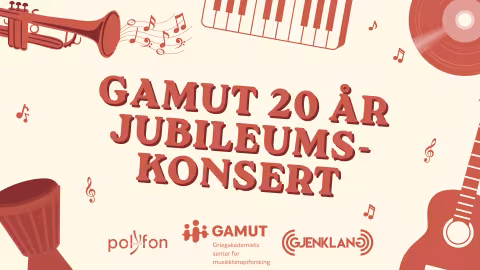 Illustrasjon med tegninger av ulike instrument og teksten "GAMUT 20 ÅR JUBILEUMSKONSERT"