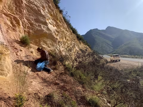 E. Velliky collecting ochre at Garcia Pass, ca. 50 km north of Blombos Cave in South Africa, March 2020. 