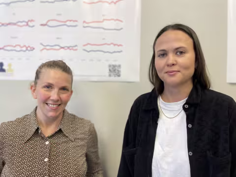 Bilde av to kvinner som smiler inn i kameraet, med grafer bak seg