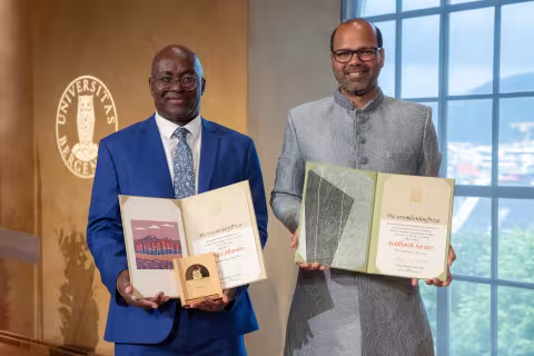 Mottaker av Holbergprisen, Achille Mbembe og mottaker av Nils Klim-prisen, Siddharth Sareen.