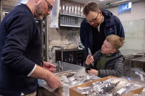 Håvard Espedal og sønnen Øystein ser på utstoppede fugler.