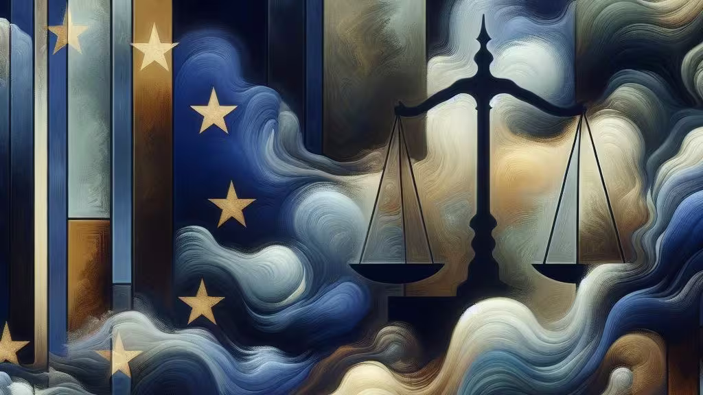 A digital painting with soft, dark tones with stars representing the European Union and a scale representing law.