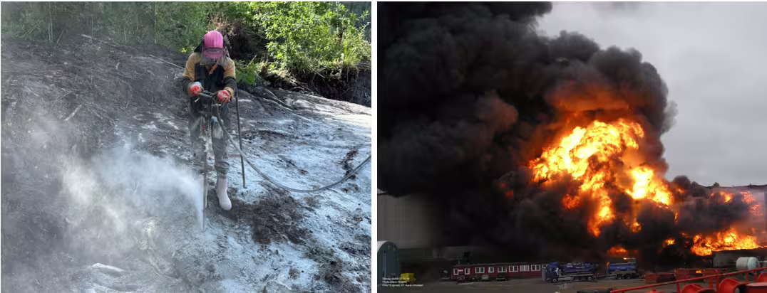 Picture on the left is of man drilling into hard mountain, dust rising from drill. Picture to the right is of a fire following a large explosion.