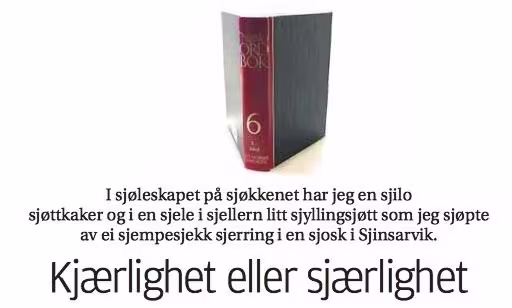 Bilde av Norsk ordbok, bind 6, stående oppreist og åpen. Nedenfor boken står teksten: "I sjøleskapet på sjøkkenet har jeg en sjilo sjøttkaker og i en sjele i sjellern litt sjyllingsjøtt som jeg sjøpte av ei sjempesjekk sjerring i en sjosk i Sjinsarvik. Kjærlighet eller sjærlighet.