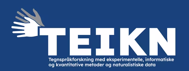 Logo med "TEIKN" skrevet i hvote bokstaver på blå bakgrunn