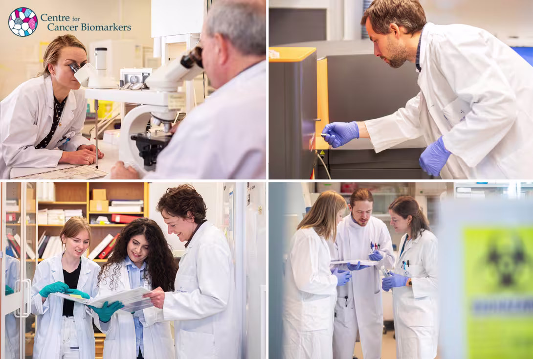 Collage of 4 pictures and CCBIO's logo. Showing activity such as looking in a microscope, discussing with the group, and working in the lab and with advanced imaging equipment.