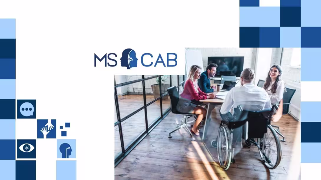 The MS CAB logo plus image of a meeting room with 4 people around a table, including one man in a wheelchair.