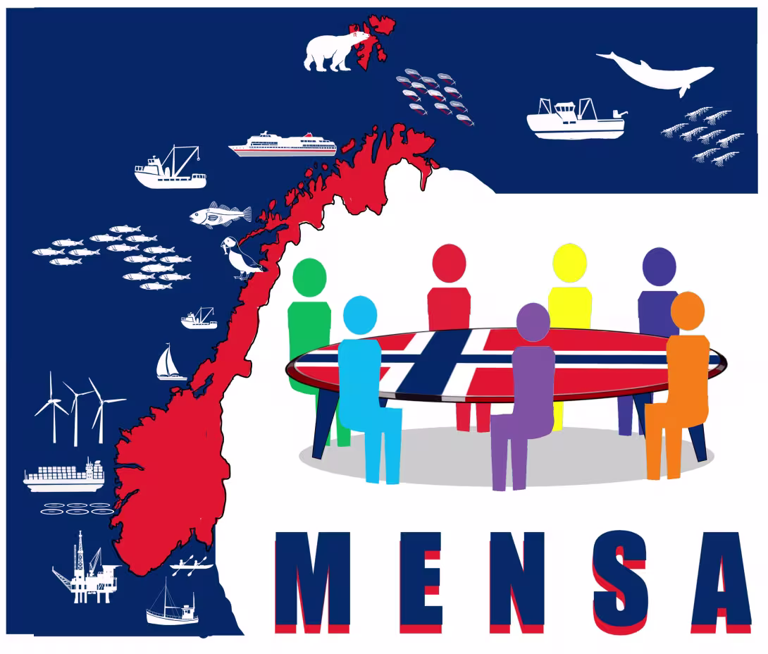 Illustrasjon med Norgeskartet i rødt til venstre, sjø i blått med ulike figurer i hvitt som representerer dyr og havbruk. Til høyre sju skikkelser i ulike farger rundt det norske flagget som et bord, og ordet MENSA under