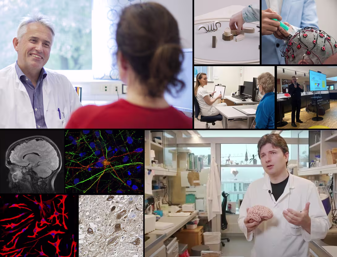 Collage of researchers and doctors at the centre, in the lab, with patients, MRI photos etc.
