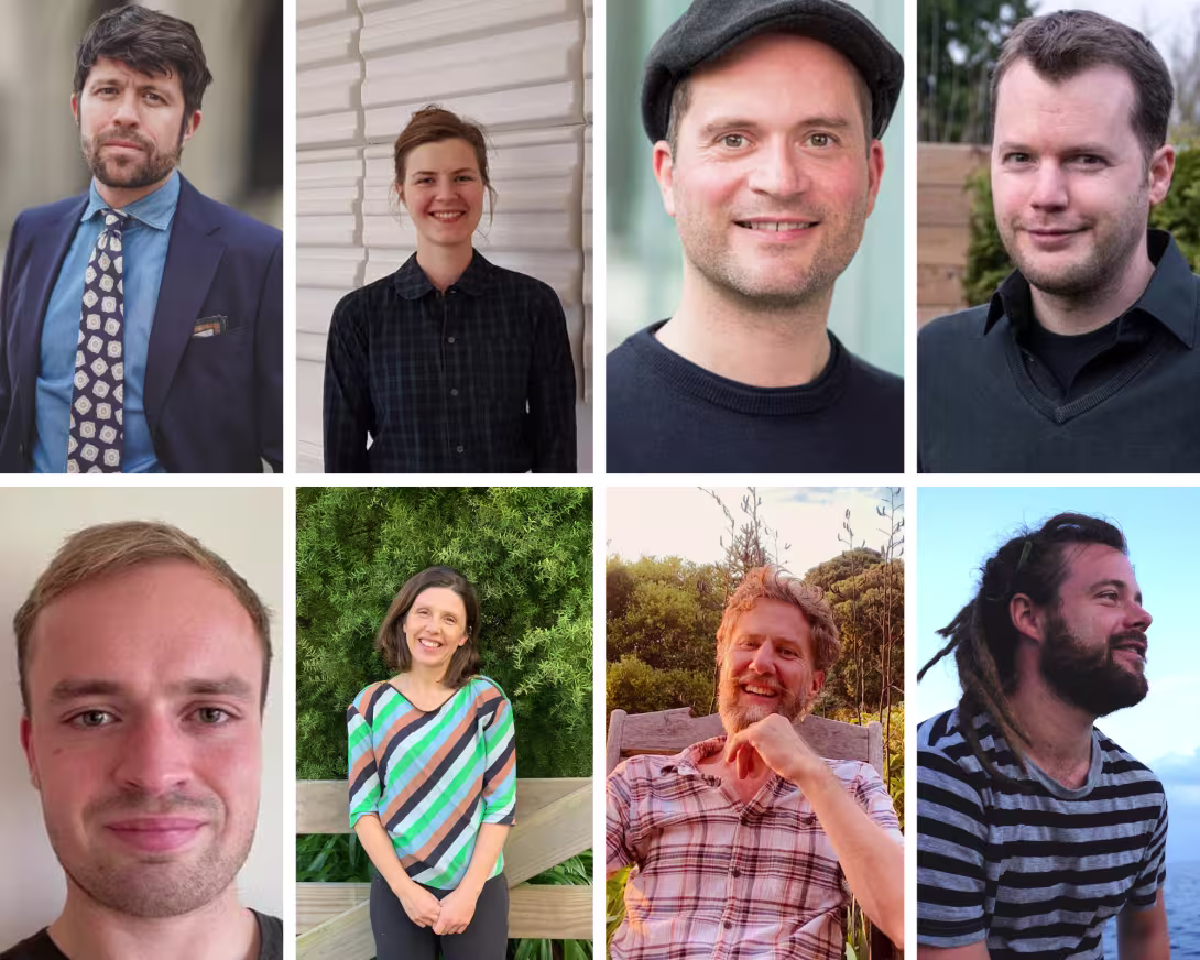 A collage of pictures of eight people - six men and two women