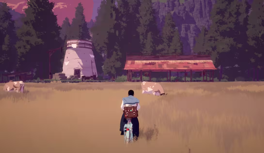 A computer-drawn illustration: A man on a bike with a backpack seen from behind, in a field.