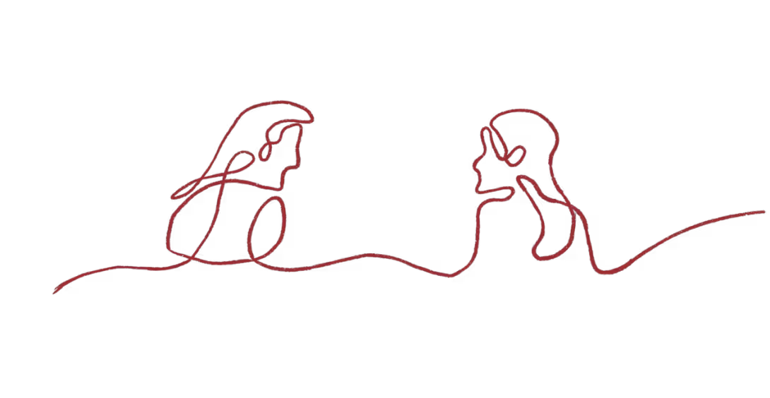 Illustrasjon av to mennesker som ser på hverandre. Tegnet me en strek.