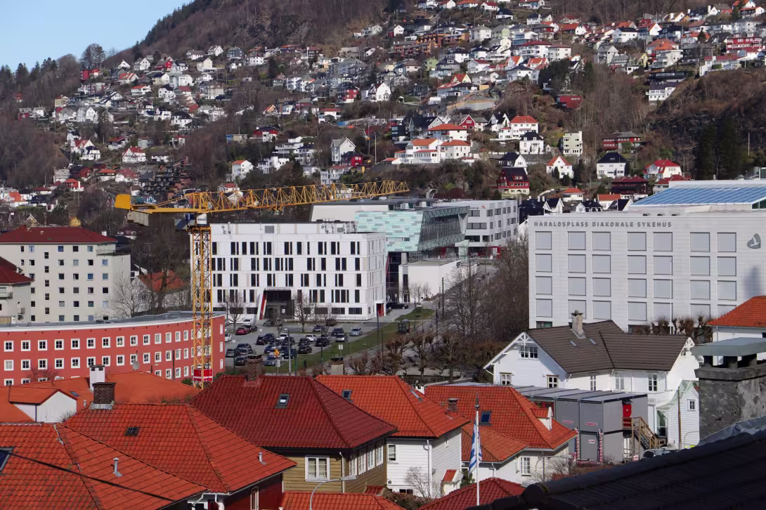 High angle view of city including the 3 buildings in the Alrek Health Cluster. 