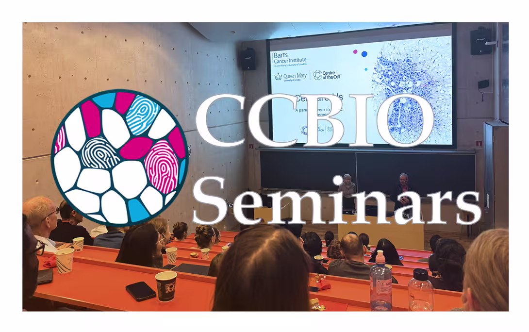 The CCBIO seminars logo over a photo from a previous seminar in the auditorium, with audience and a speaker in front.
