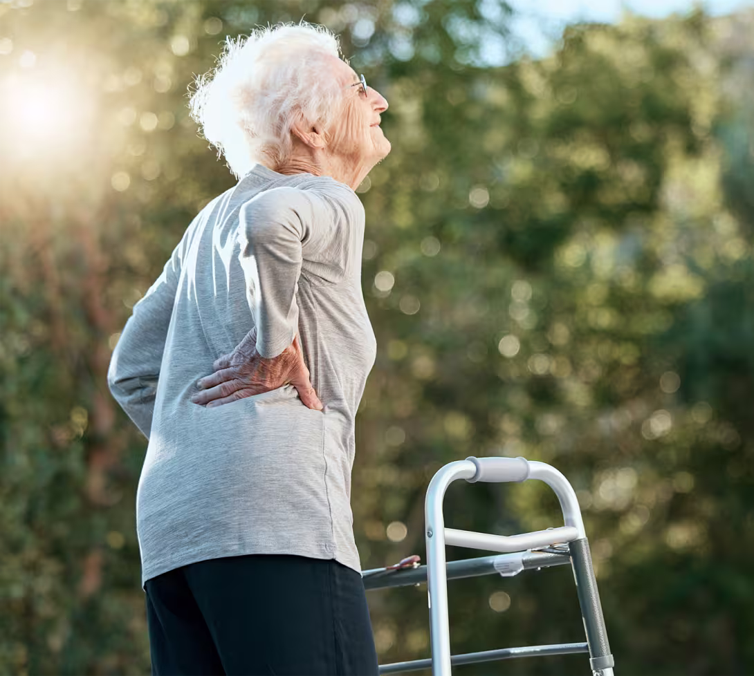 An old lady with a rollator walking in the garden, stretching towards the sun.