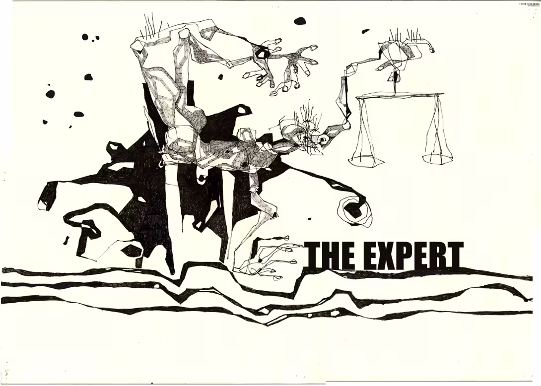 Abstract black-and-white drawing titled “The Expert” by Imad Alwahibi. It shows a fragmented, elongated figure with jagged limbs, one arm holding scales of justice. Dark ink shapes surround the figure, and bold text reads “THE EXPERT” at the bottom.