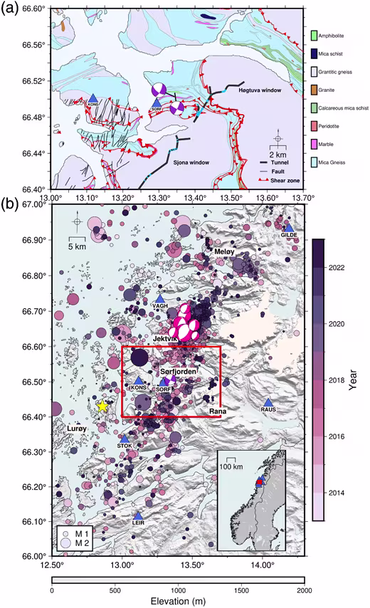Geological map of the study area, modified from the Geological Survey of Norway, showing mapped shear zones and faults. 