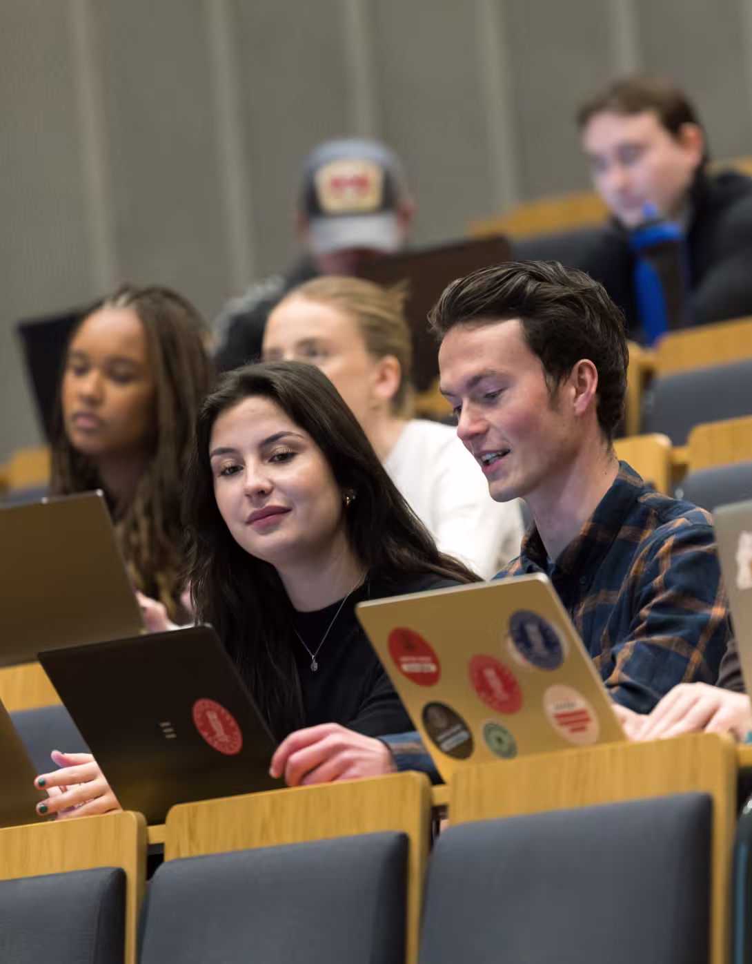 Six students in a lecture hall at the University of Bergen.