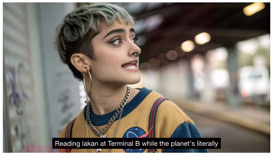 A young woman with short hair and piercings looking to the side.