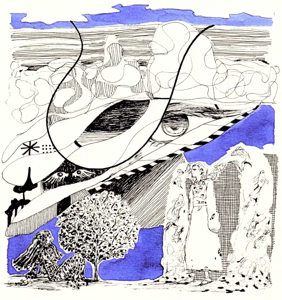 Abstract Art depicting a floating eye, a woman, and a tree, with patterns and flowery motives, blue and black.