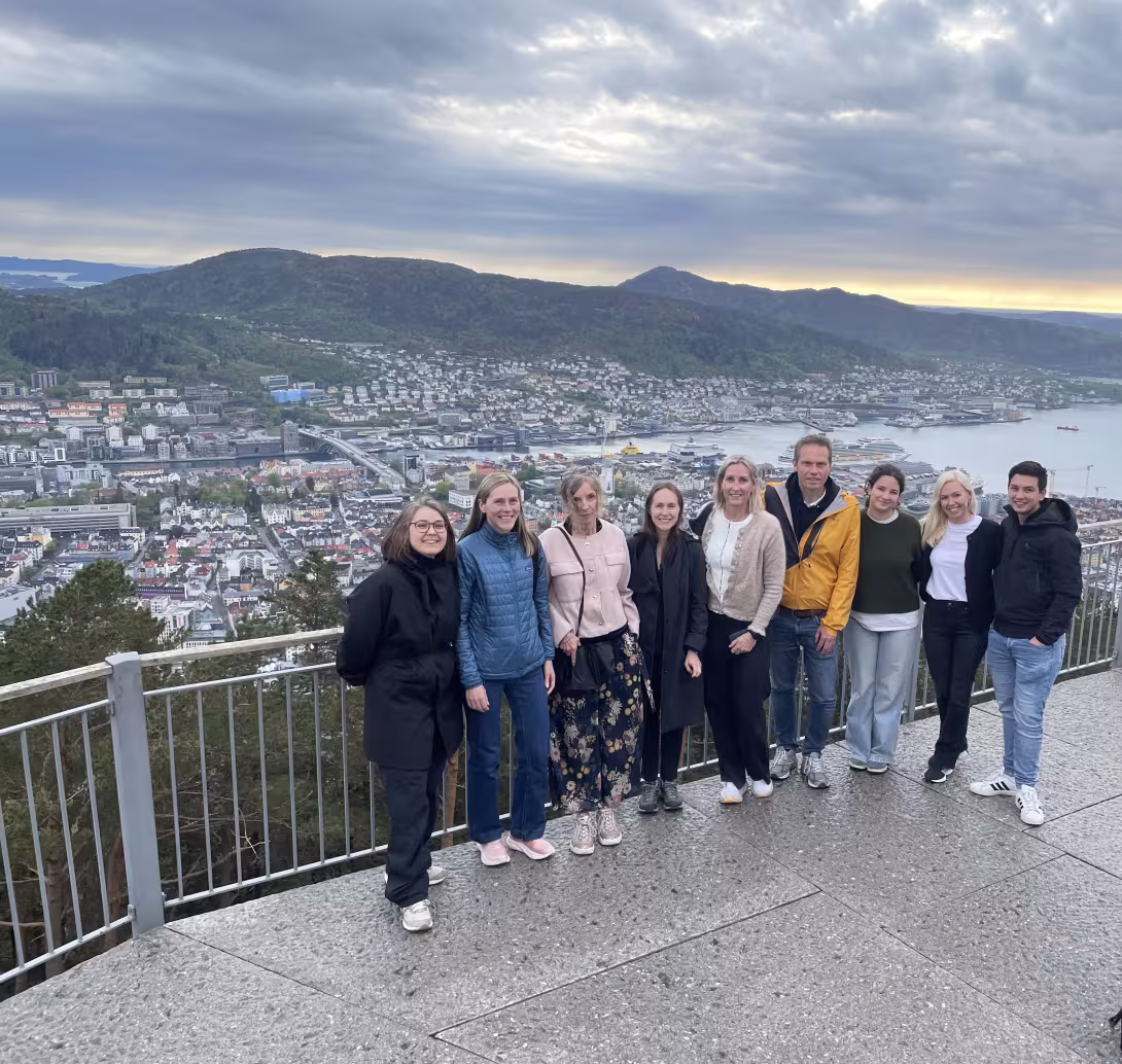 Photo of all group members taken from Mount Fløyen overlooking Bergen.