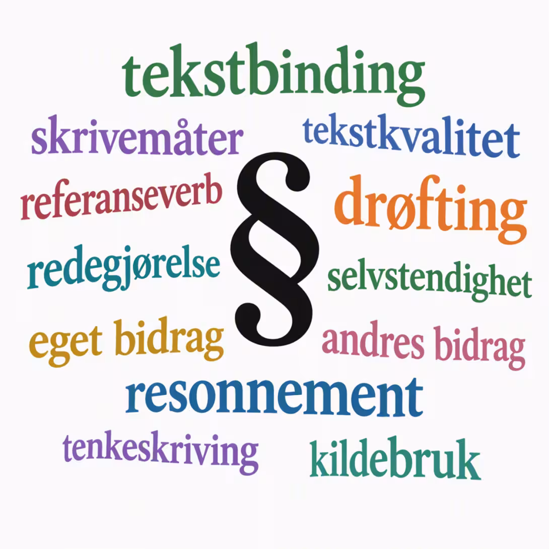 Ordsky:  tekstbinding, skrivemåter, tekstkvalitet, referanseverb, drøfting, redegjørelse, selvstendighet, eget bidrag, andres bidrag, resonnement, tenkeskriving, kildebruk 
